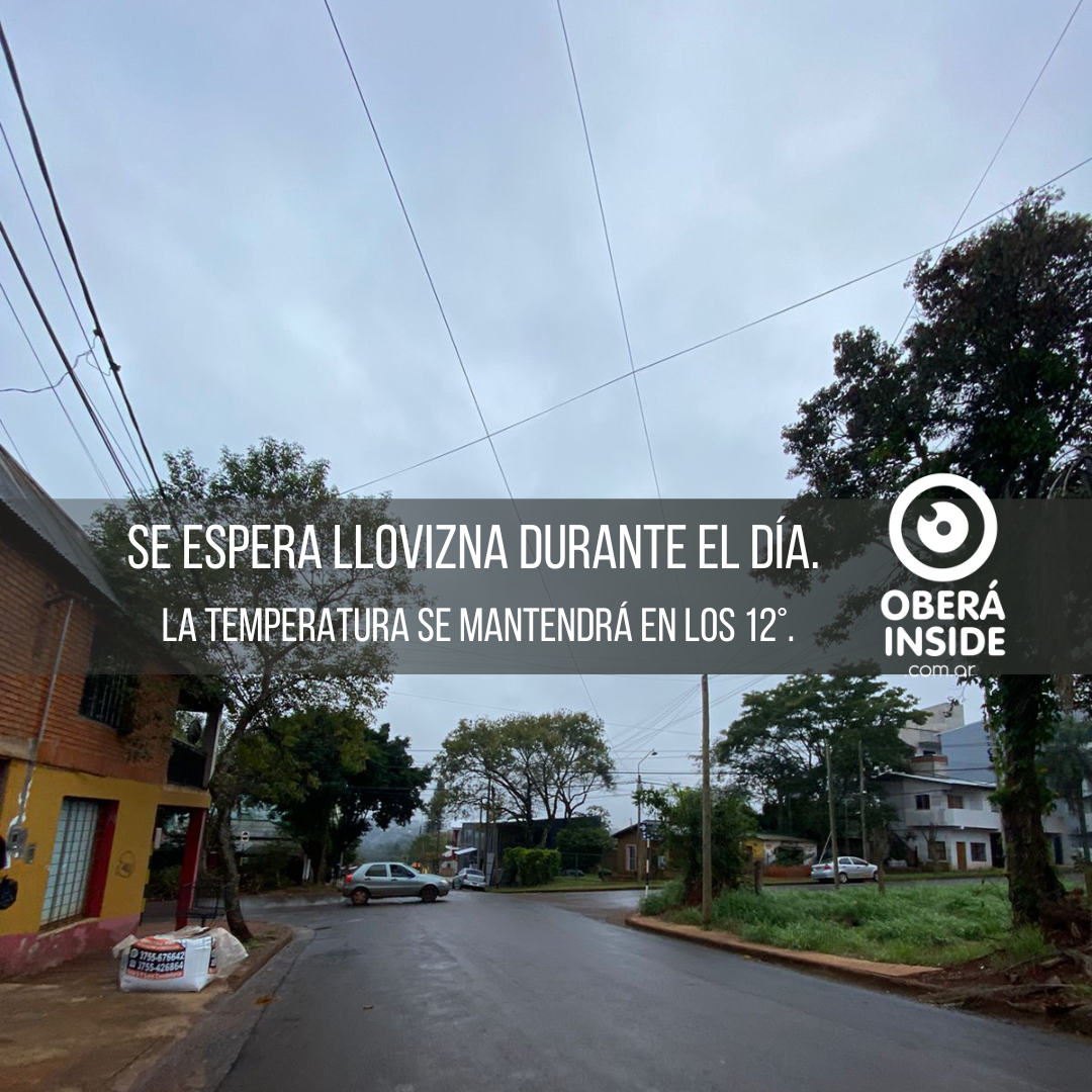 El cielo cubierto y lloviznas dispersas durante todo el día en Oberá