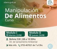 El 22 de agosto se realiza el 1º módulo del Curso de Manipulación de Alimentos 