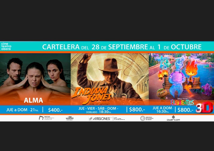 Nueva cartelera en el Cine Teatro Oberá y última semana de Elementos e Indiana Jones