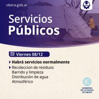 OBERÁ: Servicios Públicos en el feriado del  viernes 08/12
