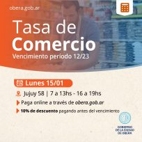 OBERÁ: Vencimiento de la Tasa de Comercio correspondiente al mes de diciembre