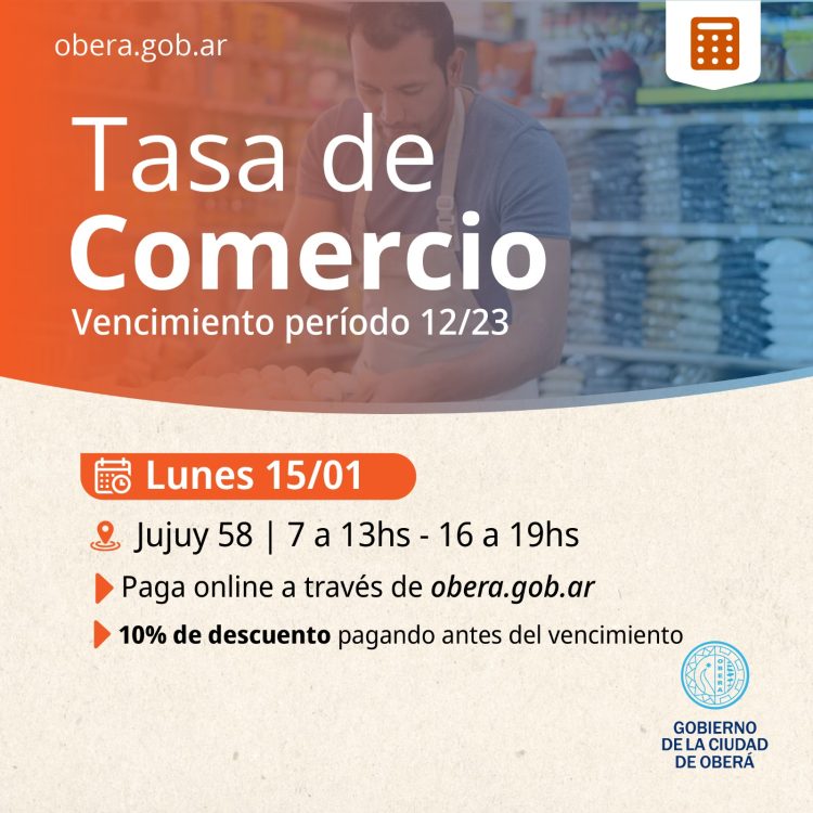 OBERÁ: Vencimiento de la Tasa de Comercio correspondiente al mes de diciembre