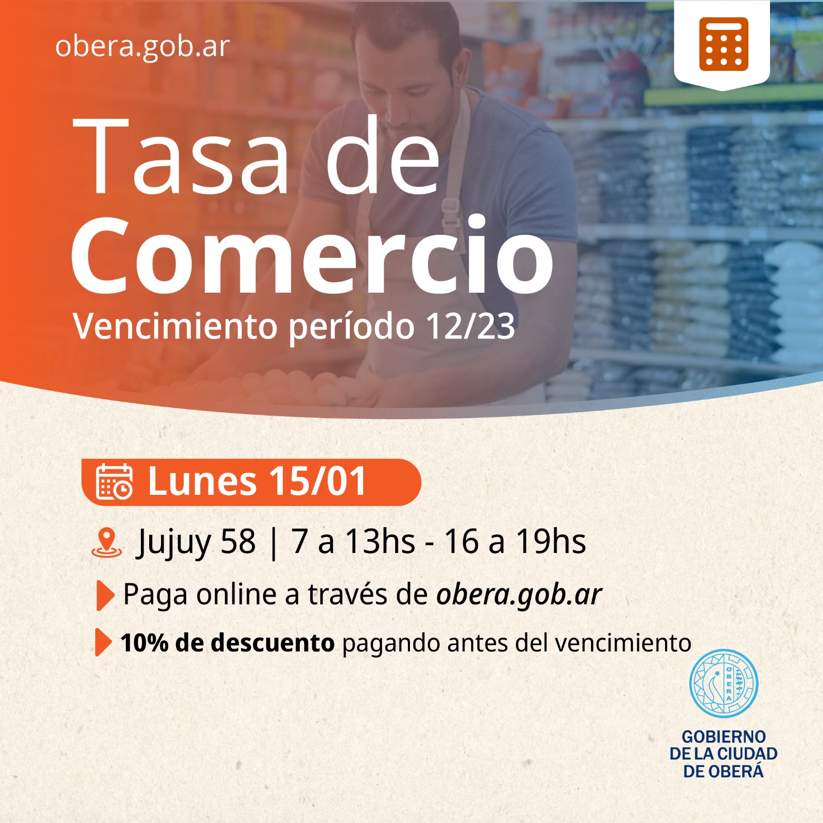 OBERÁ: Vencimiento de la Tasa de Comercio correspondiente al mes de diciembre