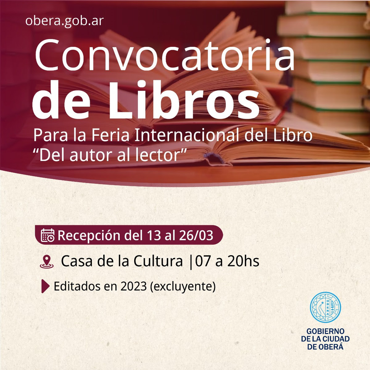 Convocatoria a autores literarios de Oberá para la Feria Internacional del Libro 