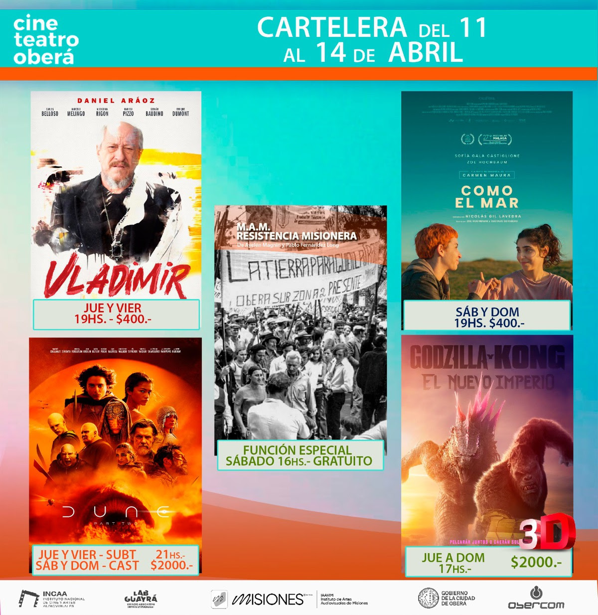 Cartelera de estrenos del cine teatro Oberá – Espacio Incaa