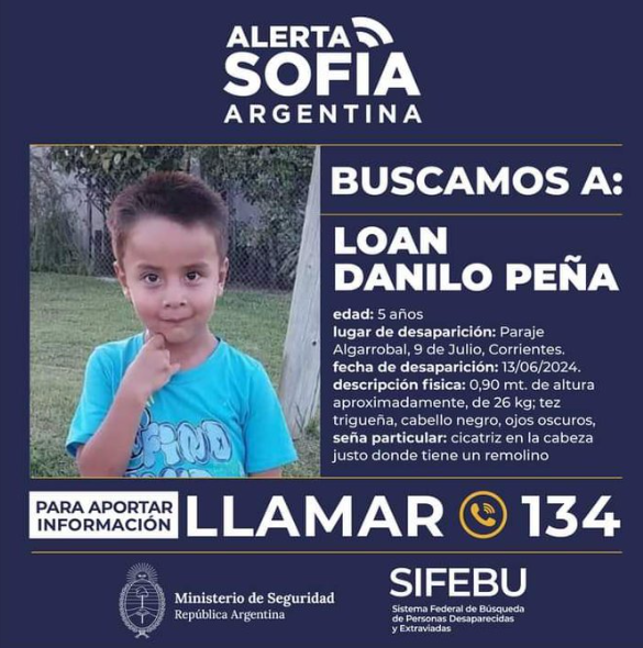 Alerta Sofía por Loan Peña de 5 años, se busca intensamente al menor desaparecido en Corrientes