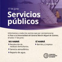 Servicios públicos que funcionaran en el feriado del lunes 17/06