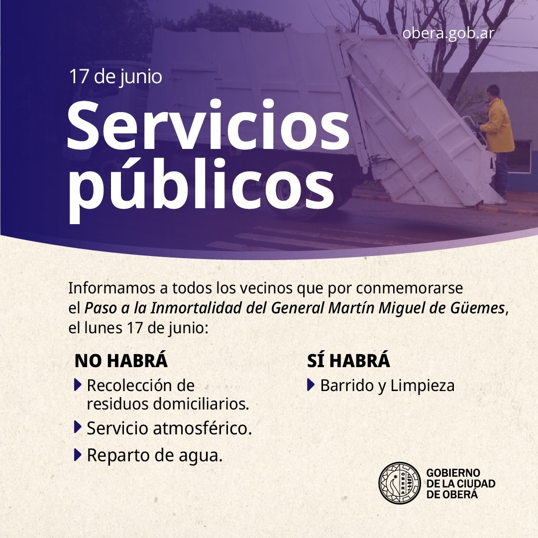 Servicios públicos que funcionaran en el feriado del lunes 17/06