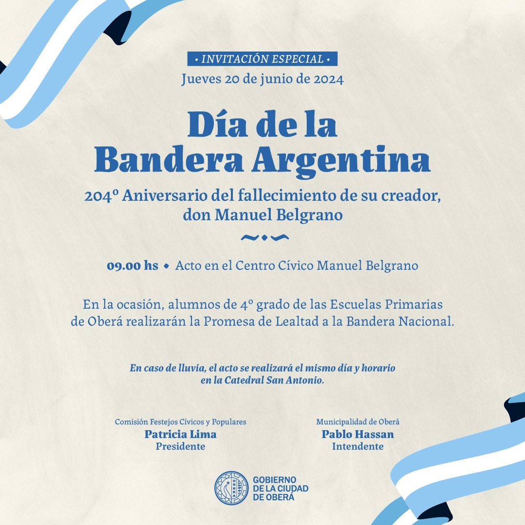 Día de la Bandera en honor al Gral Manuel Belgrano, y Toma de la Promesa de Lealtad a la Bandera a los alumnos de 4º grado de las Escuelas Primarias de Oberá