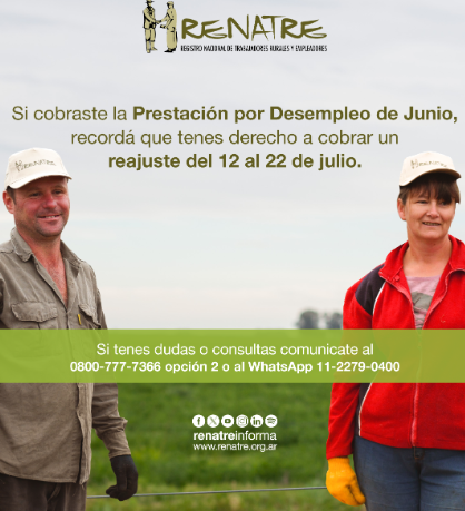 El RENATRE pagará entre el 12 y el 22 de julio el reajuste de la prestación por desempleo de junio