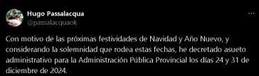 EL GOBIERNO DE MISIONES DECRETÓ ASUETO ADMINISTRATIVO EL 24 Y EL 31 DE DICIEMBRE