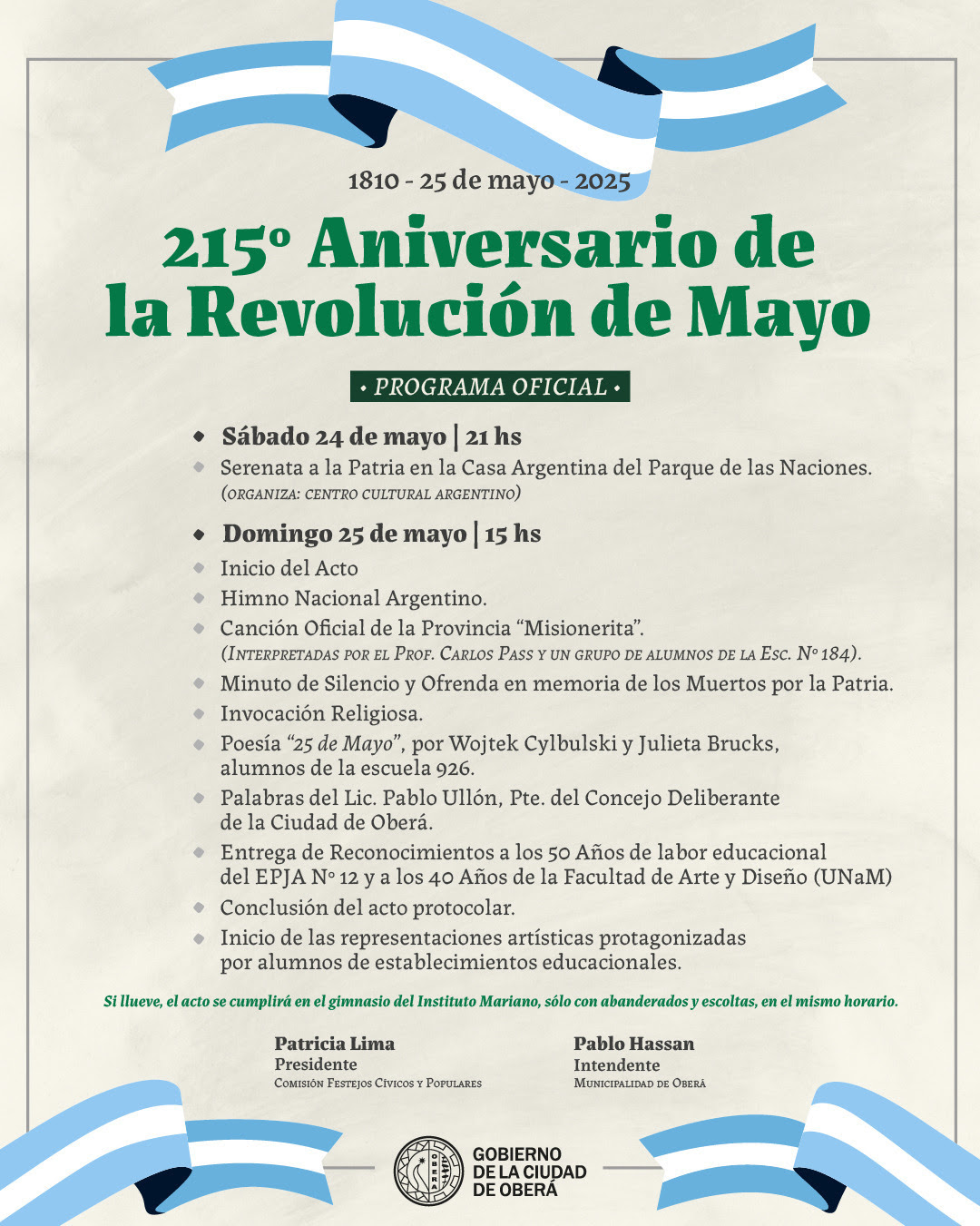Actividades por el 215° Aniversario de la Revolución de Mayo