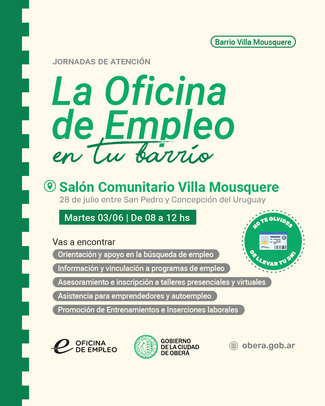 Villa Mousquere recibirá la jornada de la Oficina de Empleo en tu barrio