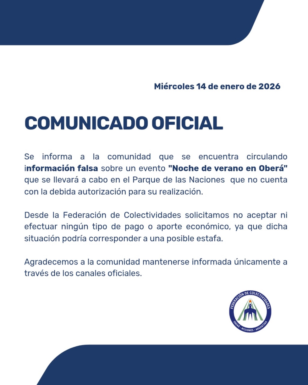 Alerta de Estafa – Federación de Colectividades