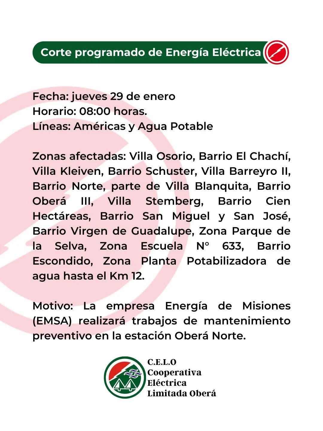 CELO INFORMA:  CORTE PROGRAMADO DE ENERGIA ELECTRICA PARA MAÑANA JUEVES