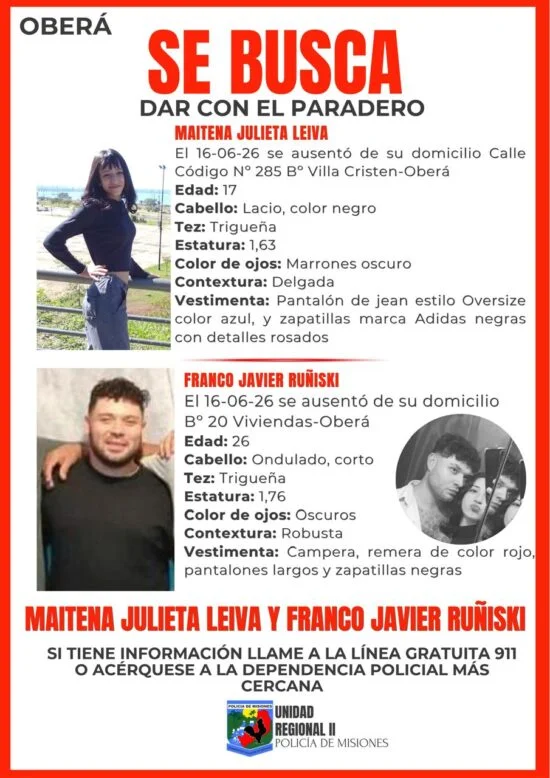 Buscan dar con el paradero de dos jóvenes de Oberá