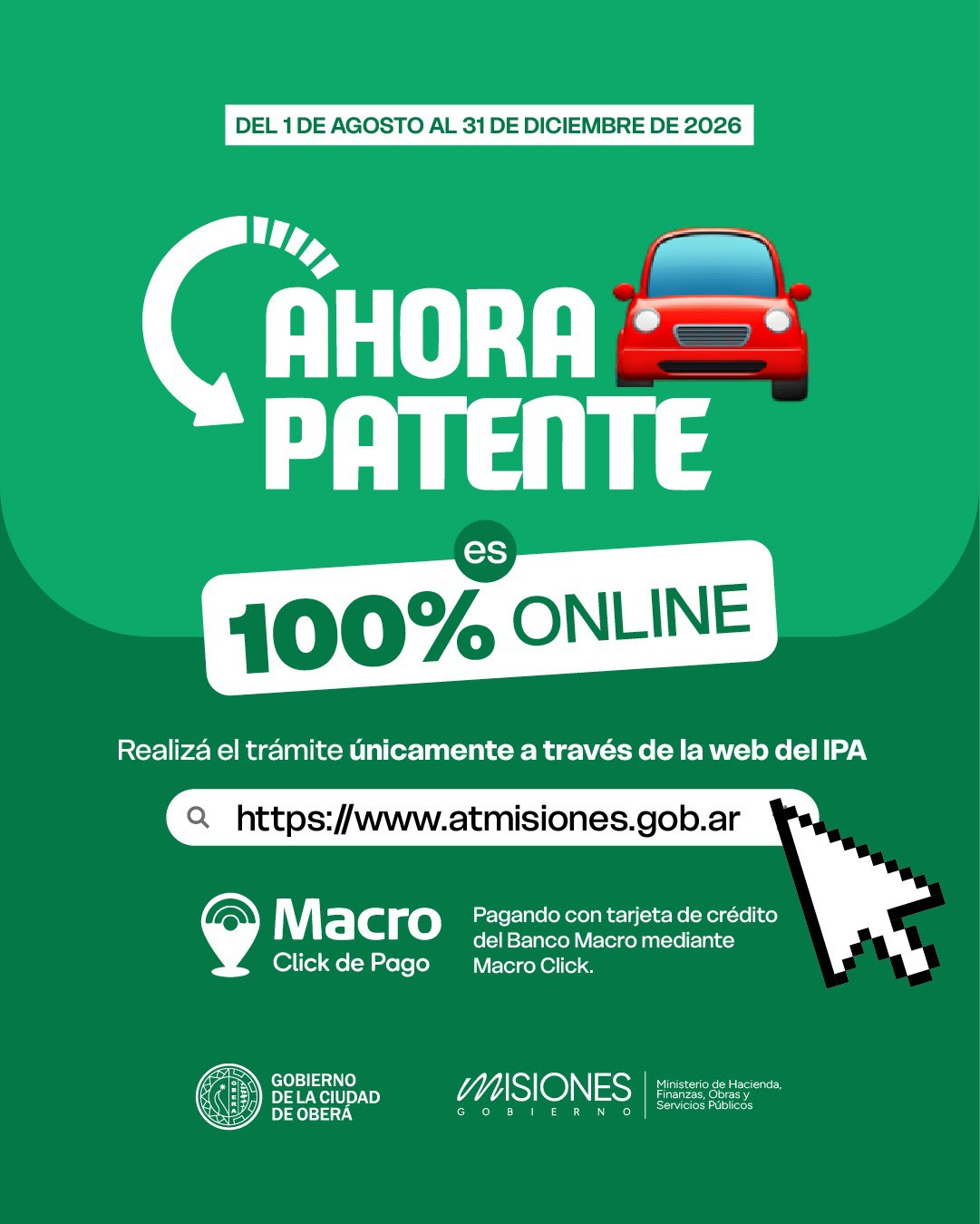 Oberá se adhirió a Ahora Patente: pago únicamente online con cuotas sin interés y descuentos